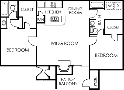 2 bed 2 bathroom floorplan at Trinity Apartments, Irving, Texas
